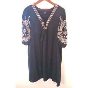Belldini Los Angeles Black Embroidered Boho Tunic Dress Tassel Tie Rayon L/G